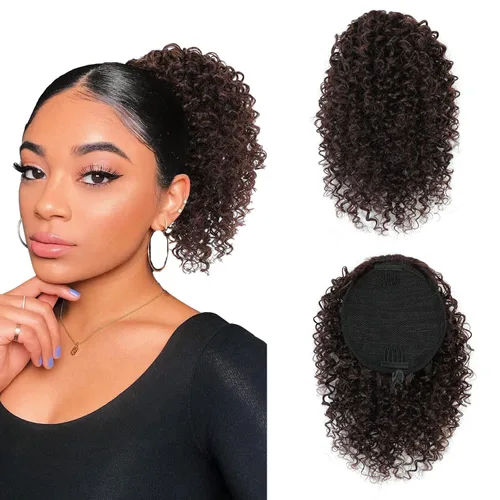 Vista 9 de Cola de caballo con cordón para mujeres negras, extensión de cola de caballo negra rizada para mujeres negras, extensiones de cabello sintético 1b