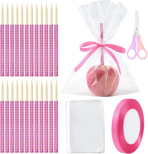 Vista 16 de Juego de 26+24 piezas de palitos para manzanas acarameladas, palitos para golosinas que incluyen 24 piezas de palitos de bambú para manzanas