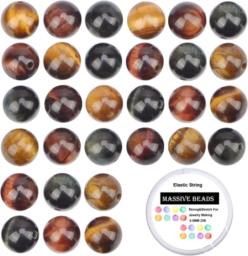 Vista 22 de 100 piezas de cuentas de cristal natural, piedras preciosas redondas sueltas de sanación energética con cordón elástico de cristal gratis