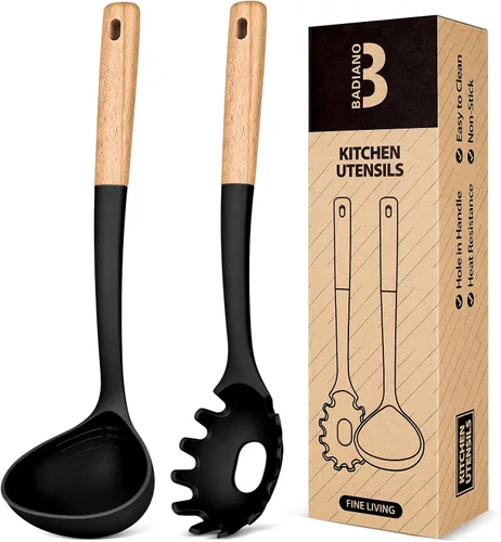 Juego de tenedor y cucharón para pasta, perfecto para servir sopa caliente, remover y salsa de pasta, silicona mate libre de BPA, cuchara de