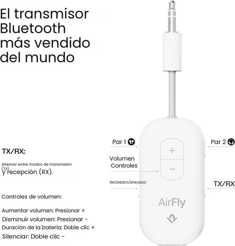 Vista 3 de AirFly Pro 2 - Adaptador Bluetooth, par de 2 AirPods o auriculares inalámbricos - Transmisor y receptor Bluetooth AUX de 0.138 in para automóviles