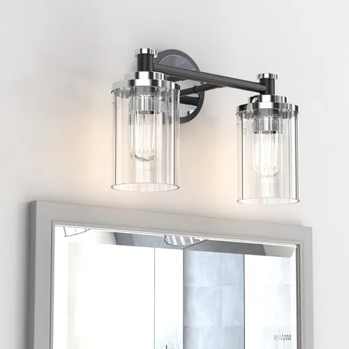 Vista 4 de Luminarias de Baño Negras y Cromadas con Pantalla de Vidrio Transparente de Rayas Cilíndricas Base de Casquillo E26 Luminarias de Baño Sobre Espejo