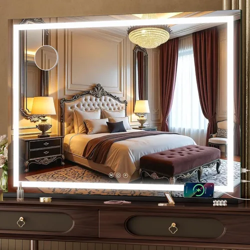 Vista 26 de Hasipu Espejo de tocador con luces, espejo de maquillaje LED de 32 x 24 pulgadas, espejo de maquillaje iluminado con 3 modos regulables, espejo
