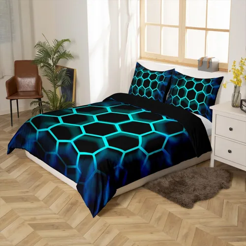 Vista 2 de Juego de ropa de cama de panal de abeja, funda de edredón geométrica 3D de colmena hexagonal de colmena tamaño Queen para niños y hombres, funda