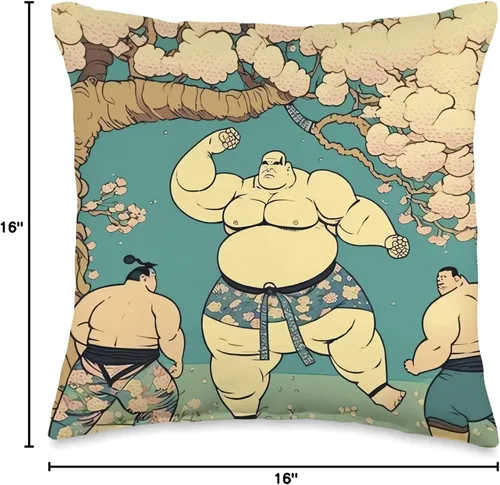 Vista 4 de Sakura Sumo Warrior Classic Japan Art AOde to Art of Sumo Wrestling Under Cherry Blossom Trees - Almohada de 16 x 16 pulgadas, multicolor