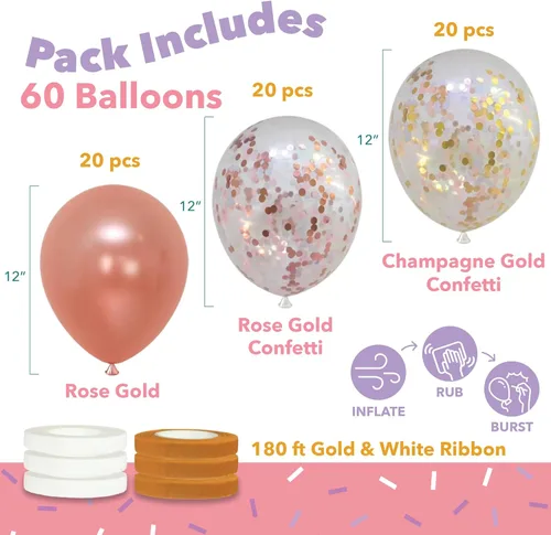 Vista 2 de Paquete de 60 globos de oro rosa para decoración de Dandy + globos de confeti con cinta, globos de oro rosa para fiestas, decoraciones de globos