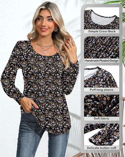 Vista 4 de Ficerd Blusa plisada de manga corta abombada para mujer, cuello redondo, elegante, casual, holgada, para primavera y verano