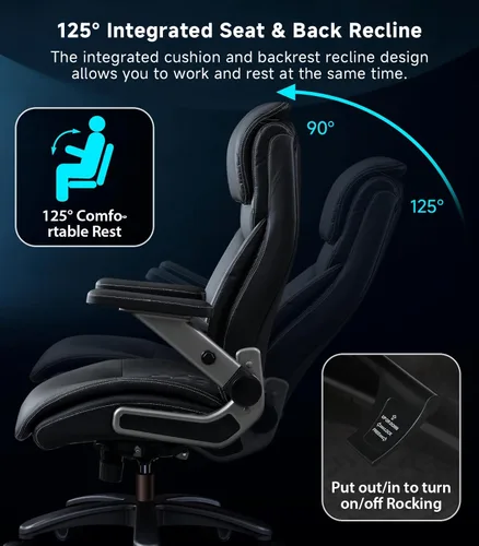 Vista 7 de Silla de oficina grande y alta con brazos abatibles 5D, silla ejecutiva de piel sintética de 600 libras con soporte lumbar ajustable, rueda espacial