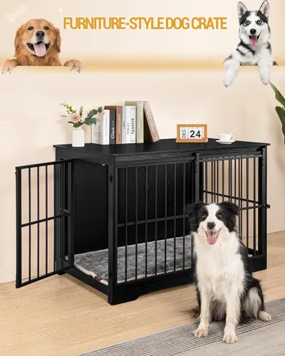 Vista 7 de Hzuaneri Mueble XL grande para perros, muebles de interior para perreras de 44.1 pulgadas con puerta de granero, jaula alta de madera para perros