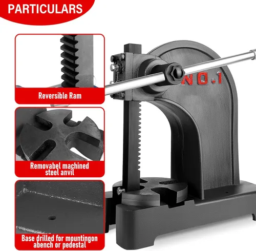 Vista 4 de RQR Prensa de eje de 1 tonelada, prensas de eje de servicio pesado, prensa manual de escritorio de hierro fundido para remachar, perforar agujeros