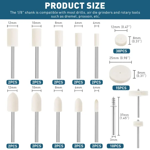 Vista 6 de Rueda de pulido de fieltro para herramienta rotativa Dremel, 80 piezas, accesorios de lana de fieltro para pulir taladro de herramientas rotativas