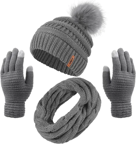 Aneco Conjuntos cálidos de invierno para mujer con pompones de piel gorro bufanda circular guantes de pantalla táctil accesorios de invierno