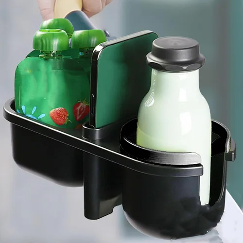 Vista 2 de Bandeja universal para refrigerios para cochecito, 360 grados giratoria 3 en 1, portavasos para cochecito de bebé para sillas de oficina (negro)