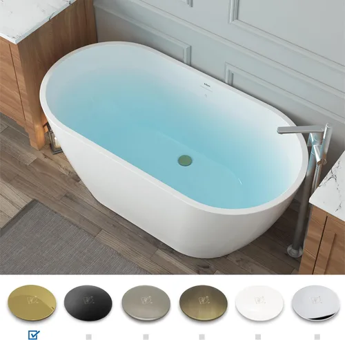 Vista 4 de FerdY Bañera independiente de acrílico Bali de 47 pulgadas, bañera independiente con forma elegante, certificado cUPC, drenaje dorado cepillado