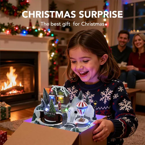 Vista 4 de Casa de pueblo navideño con tren, 8 canciones de Navidad y luces LED, edificios coleccionables para decoración interior del hogar de vacaciones