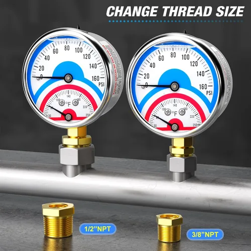 Vista 3 de MEANLIN MEASURE 0-160 psi Manómetro de presión térmica de acero inoxidable 30-250 ℉, esfera con cara de 2.5 pulgadas, NPT de 1/4 de pulgada