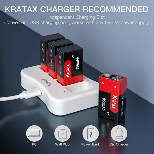 Vista 9 de Kratax Baterías recargables de 9 V, 2 baterías de litio recargables de 850 mAh de 9 voltios, 1000 ciclos de larga duración para alarmas de humo