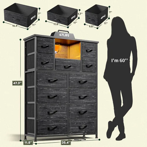 Vista 3 de Romorgniz Cómoda para dormitorio con 13 cajones de tela, cómoda negra con LED y 4 puertos de carga, cómoda de 47 pulgadas de alto con estantes