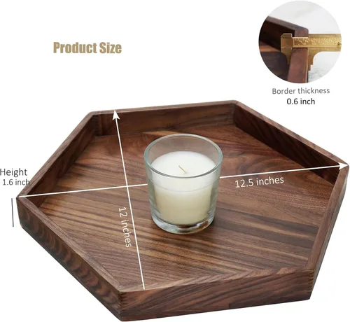 Vista 2 de Bandeja otomana pequeña hexagonal de madera de nogal negro de 12 pulgadas con asas, sirve té, bandeja decorativa de madera clásica para servir café