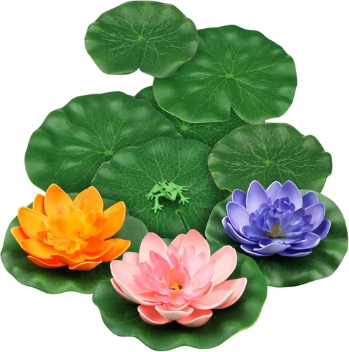 10 piezas de flores de loto flotantes de espuma con hojas de loto artificiales de rana, almohadillas de lirio para lago, plantas de estanque