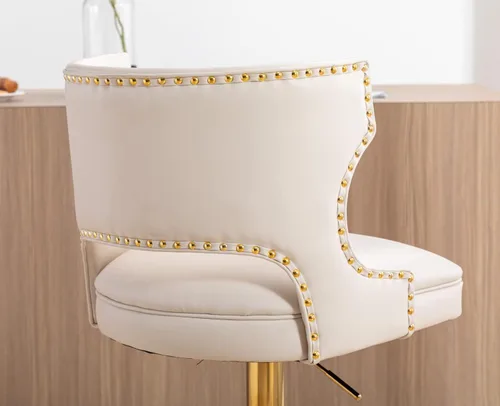 Vista 8 de EALSON Juego de 2 taburetes de bar de cuero giratorios de altura de mostrador con respaldo ajustable con base dorada, modernos taburetes de isla