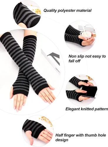 Vista 2 de Bememo 4 pares de guantes largos góticos punk, sin dedos, calentadores de brazos, longitud del codo, guantes con agujero para el pulgar