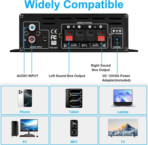 Vista 3 de Romicta Amplificador de Audio Estéreo, 2.0 CH Mini HiFi Estéreo AMP Bluetooth 5.0 Receptor con Amplificador de 400W+400W, FM, AUX, USB, Entrada