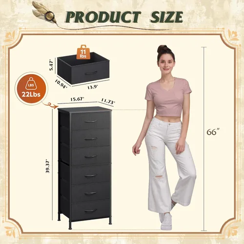 Vista 3 de WLIVE Cómoda Alta Negra para Dormitorio, Cómodas y Arcones de 6 Cajones, Cómoda de Tela para Closet, Sala de Estar, Mesa de Noche con Marco