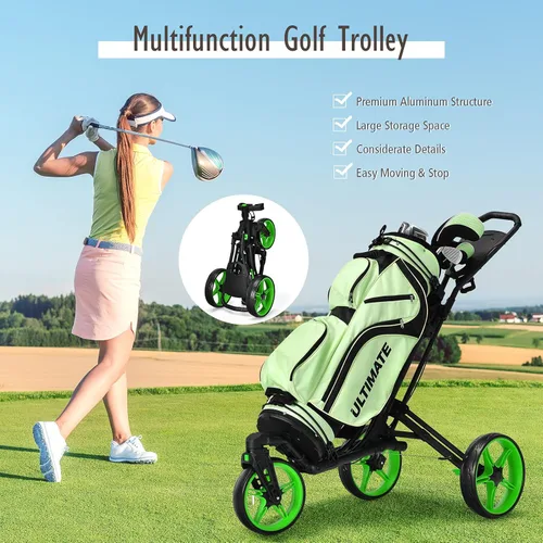 Vista 7 de Tangkula Carrito de golf con rueda delantera giratoria de 360°, carrito de golf plegable de aluminio de 3 ruedas, carrito de golf con correa
