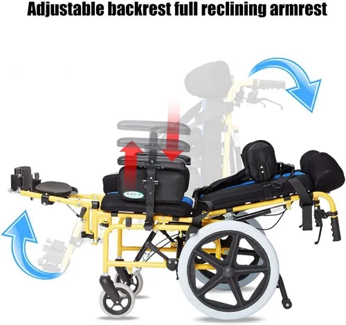 Vista 2 de YANGPING - Silla de ruedas pediátrica, diseño reclinable con escritorio abatible y reposapiernas elevadores, silla de ruedas manual para niños