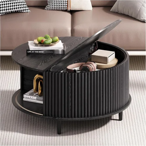 Vista 21 de Mesa auxiliar ovalada con almacenamiento, mesa de centro acanalada de 42.5 pulgadas con parte superior de elevación y patas de madera maciza, mesa