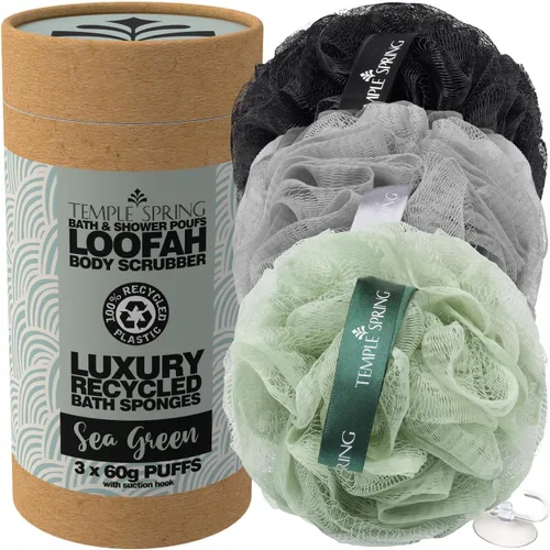 Vista 11 de Temple Spring Esponjas de luffa recicladas, accesorios de ducha de baño, esponja de baño de lufa, exfoliante corporal exfoliante, puf exfoliante