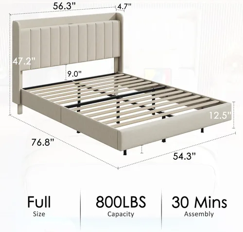 Vista 2 de Marco de cama tapizado de tamaño matrimonial, marco de cama flotante con cabecera de almacenamiento con respaldo de ala, puertos tipo C y USB, luces