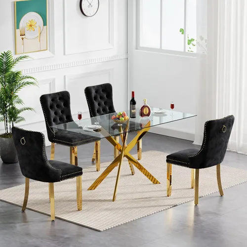 Vista 12 de SSLine Moderno juego de mesa de comedor de cristal dorado de 5 piezas para 4 mesas de cocina y sillas rectangulares de lujo de vidrio para 4, mesa
