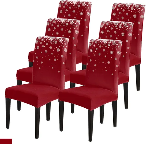 Vista 8 de Juego de 4 fundas elásticas para silla de comedor de Navidad, diseño de copos de nieve, color rojo, para sillas de cocina, extraíbles para sillas
