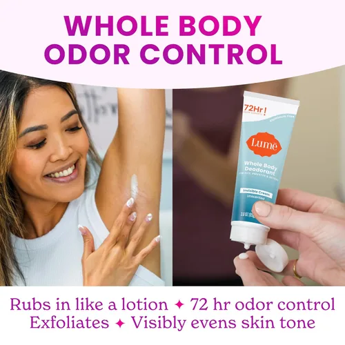 Vista 6 de Lume Desodorante para todo el cuerpo, crema invisible y sólido sin perfume, control de olores de 72 horas, sin aluminio y bicarbonato de sodio