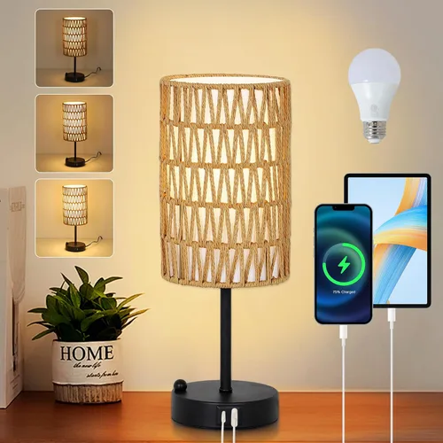 Vista 14 de Juego de 2 lámparas de mesa de noche de ratán, lámparas bohemias con 3 temperaturas de color y puerto USB de CA, lámpara de mesa con cadena