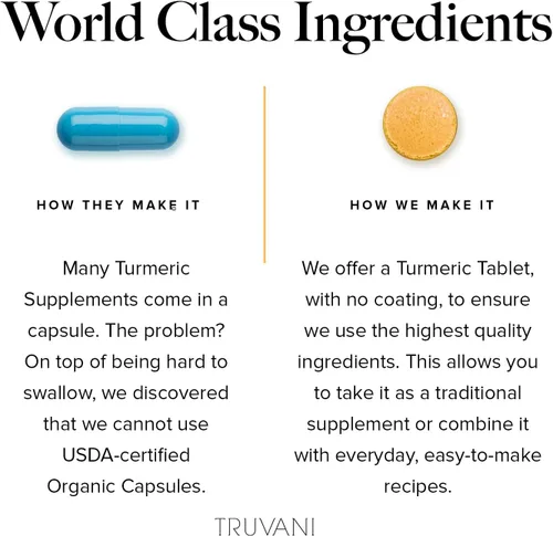 Vista 4 de Truvani Organic Turmeric Curcumin Tablets 1,350 mg Each - Natural Joint Support with Black Pepper for Absorption - 90 Tablets