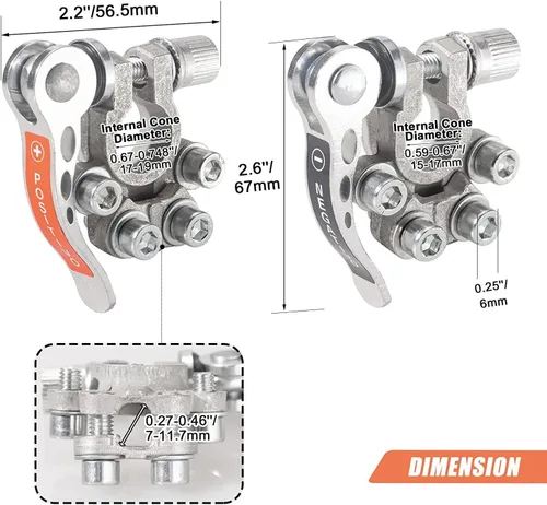 Vista 2 de 2 terminales de cable de batería de automóvil positivo y negativo de liberación rápida con arandelas anticorrosión – 4 conectores de abrazaderas