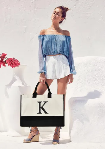 Vista 6 de Initial Canvas Tote Bag Birthdays Gift for Women Mom Teacher Friend Bridesmaid,Custom for Wedding Beach Holidays