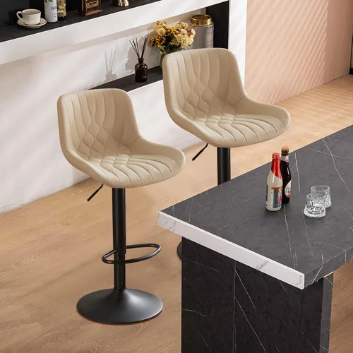 Vista 14 de Juego de 2 taburetes de bar modernos, taburetes de bar de cocina giratorios ajustables con respaldo, asientos acolchados de piel sintética, sillas