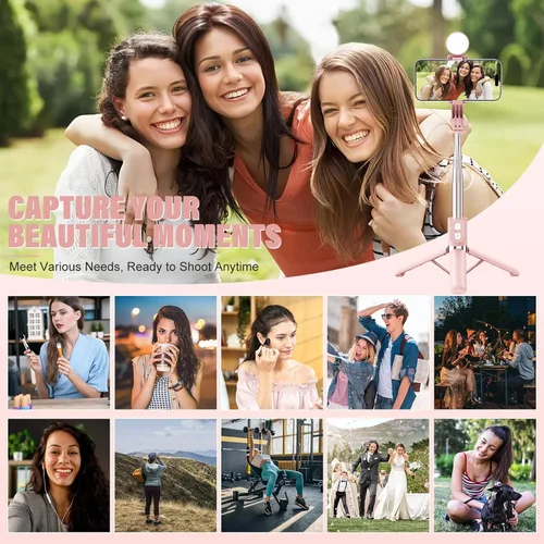 Vista 8 de Palo selfie con control remoto recargable y luz (1 unidad), trípode para iPhone, soporte de teléfono celular para grabación de video, accesorios