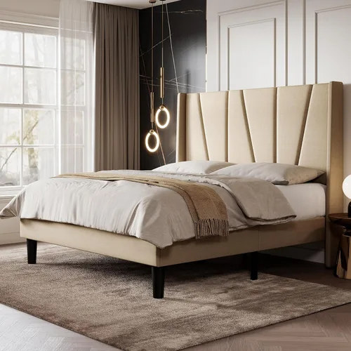 Vista 3 de SHA CERLIN Base de cama de tamaño matrimonial con cabecera geométrica con respaldo de ala, plataforma tapizada con soporte de listones de madera