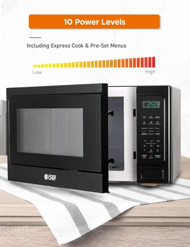 Vista 3 de Microondas Commercial Chef 1.3 pies cúbicos con 10 niveles de potencia, microondas con cerradura de botón de presión, microondas de 1000W para Negro