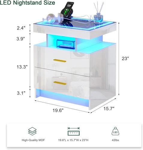 Vista 27 de HNEBC Mesita de noche LED con estación de carga (puertos USB, puertos tipo C), mesa de noche de alto brillo con 2 cajones, mesita de noche