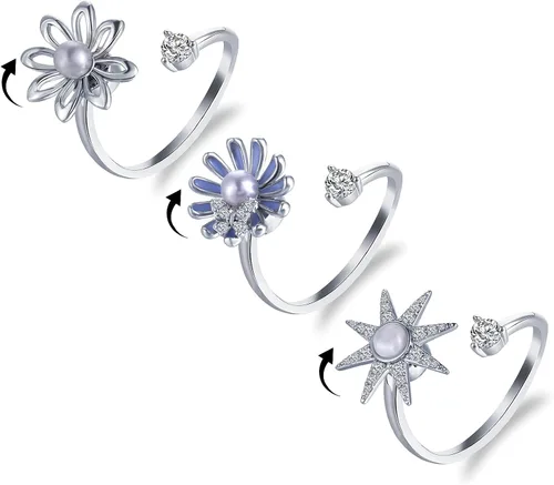 Shinyyep Anillos giratorios giratorios de flores para mujer anillos abiertos ajustables de circonita cúbica para aliviar la ansiedad el estrés el