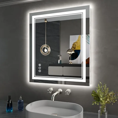 Vista 22 de Espejo de baño LED de 48 x 40 pulgadas con luces, retroiluminado y frontal iluminado para pared, espejo de tocador LED inastillable con memoria