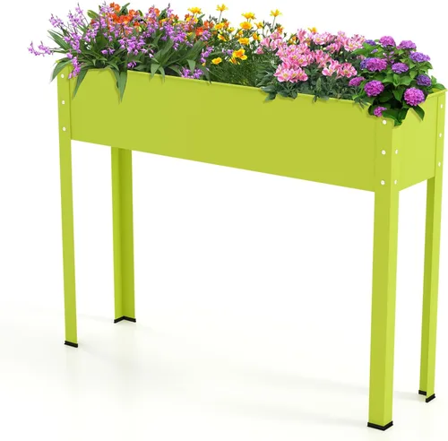 Vista 11 de HAPPYGRILL Cama de jardín elevada, maceta elevada de 18 pulgadas con patas, orificio de drenaje, diseño de dobladillo, caja de jardín de metal