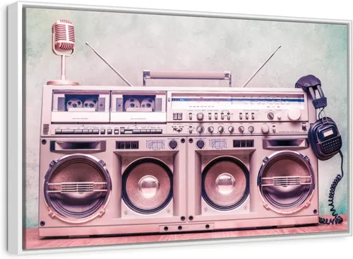 Vista 11 de ElephantStock - Retro Boombox Wall Art - Horizontal Floating Framed Canvas - Living Room Wall Decor - Photography Music Framed Canvas Art - White
