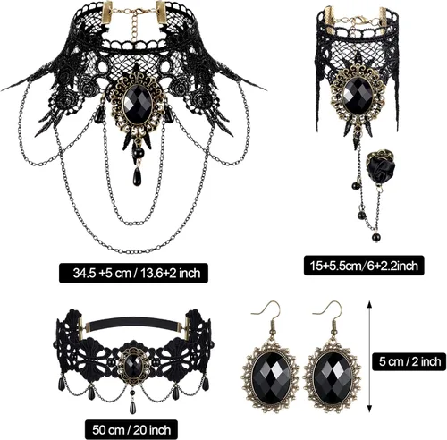 Vista 6 de 8 piezas de Halloween de dientes de vampiro colmillos de vampiro, gargantilla, pulseras góticas de disfraz para vampiro victoriano, fiesta